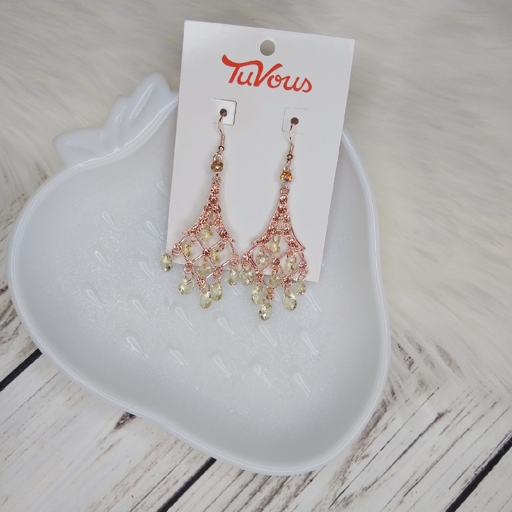 ROSE GOLD SAGE GREEN JEWELS CHANDELIER EARRINGS